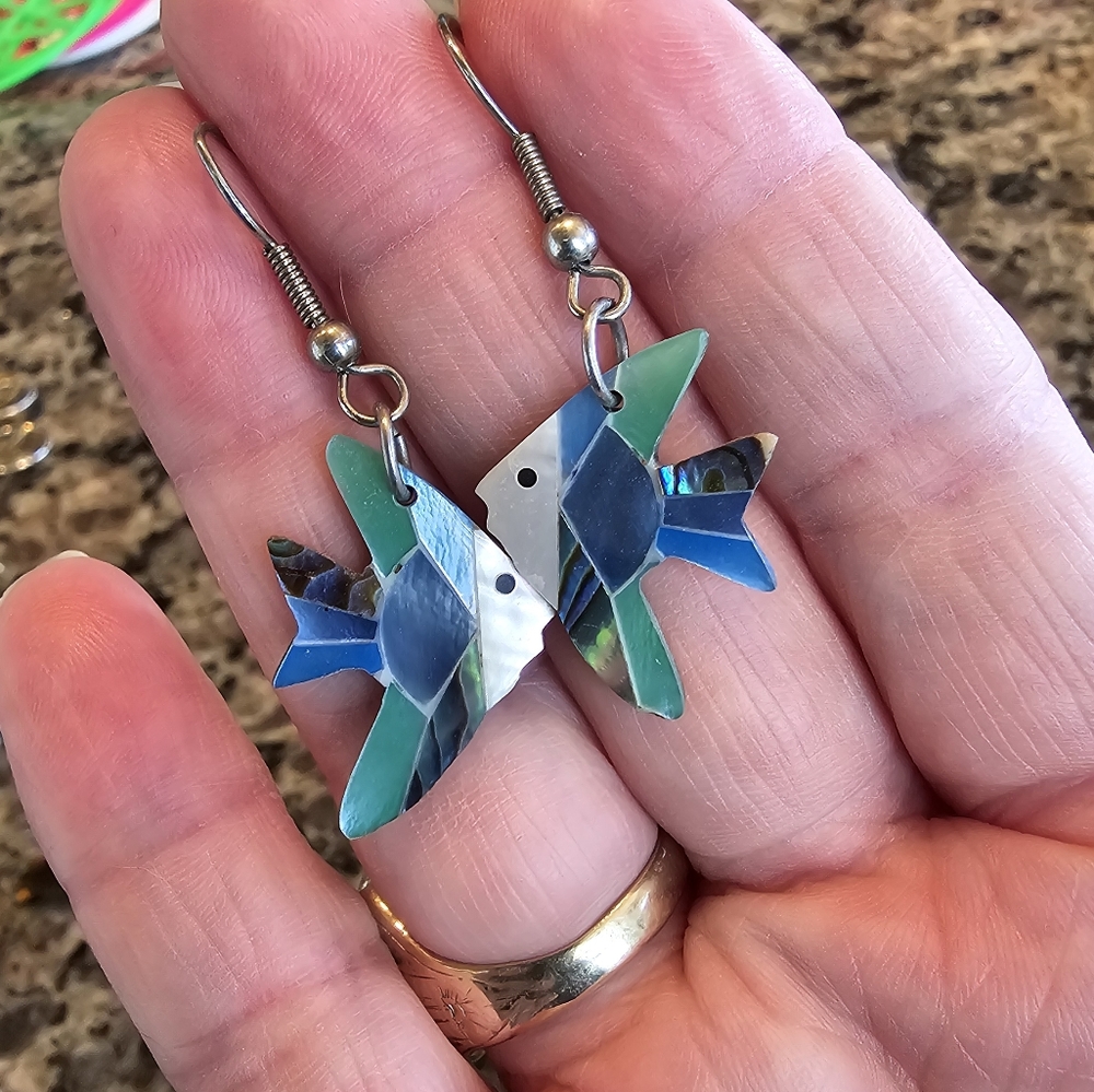 Shell and abalone angel fish earrings. Silver tone lightweight beach vibe, blue